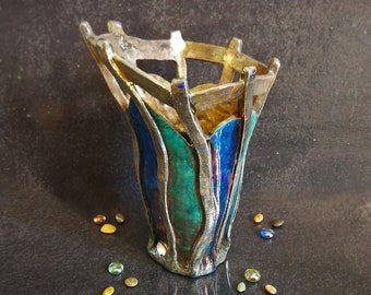 Raku ceramic vase "fantasy of the sea" turquoise and blue with golden reliefs and carved decorations - unique centerpiece vase