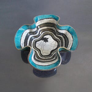 Aqua Reflections Raku Bowl – Coastal Ceramic Centerpiece with Wavy Organic Design, Handmade Ocean Art, Custom Colors