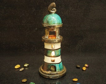 Raku ceramic lighthouse candle holder for tealight, miniature lighthouse white and turquoise crackle glaze, customizable color