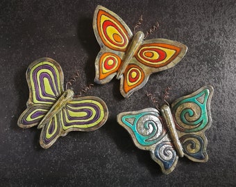 Raku ceramic wall art butterflies with copper wire antennas, colorful and lively wall decoration