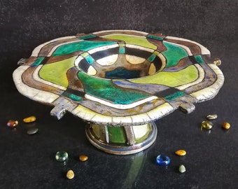 Raku ceramic large cake stand single tier with abstract floral pattern, italian pottery art, customizable colors