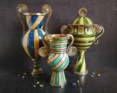 Set of 3 large raku ceramic vases quot The Three Fates Moirai Norns quot - amphora, vase and lidded cup with stripes texture, gilded spiral handles