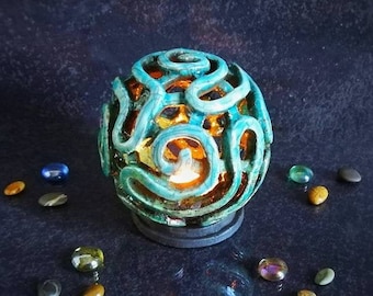 raku pottery brain coral tealight Holder centerpiece, coral reef art candle lantern, coastal beach house decor, multiple colors available