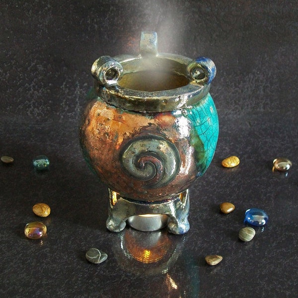 Raku essential oil and wax burner magic witches cauldron, ceramic tealight scented oil warmer, aromatherapy diffuser multiple colors avl