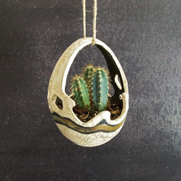 raku ceramic hanging planter pot available in others colors and sizes, decorative basket shape terrarium for succulents or climbing plants