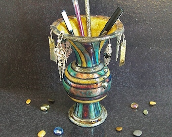 Raku ceramic earring vase, makeup brushes holder, earring organizer stand, earring display stand, jewelry pedestal, jewelry holder stand