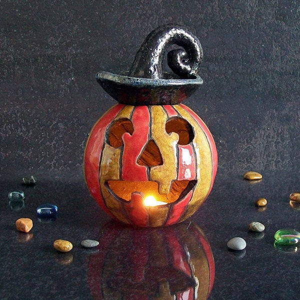 Bougeoir citrouille d'Halloween en céramique raku, diffuseur d'huiles essentielles, brûleur d'huiles essentielles, décoration halloween, idée cadeau