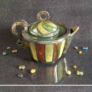 raku pottery decorative teapot, collectible teapot, ceramic teapot, woodstove humidifier, raku teapot, handmade teapot, woodstove steamer