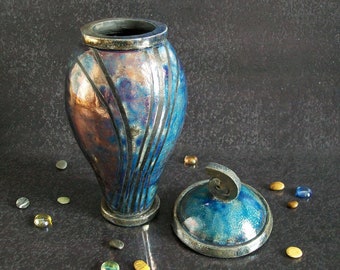 Raku Ceramic Blue Copper Urn - Human / Pet Ashes - Teardrop Memorial for Cremation, Engravable, Multi Colors & Size - 24 to 300 cu inch