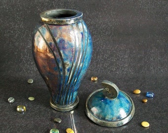 Raku ceramic blue copper urn for human or pet ashes, keepsake memorial cremation urn engraving included, multiple colors and size available