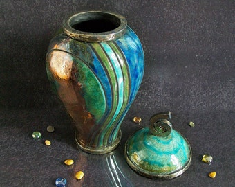 Raku colorful Urn, blue striped urn, cremation urn for ashes, keepsake urn, adult urn human, pet urn, personalized urn, cat urn, dog urn