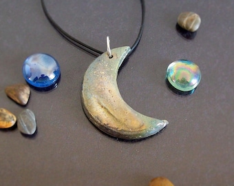 Ceramic Moon Pendant, moon necklace, half moon necklace, wiccan necklace, raku pendant, crescent moon pendant, moon jewelry wiccan jewelry