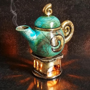 Raku Mini Teapot & Stove Oil Burner - Handmade Ceramic Aromatherapy Diffuser and Lantern - Winter Home Fragrance - Custom Colors