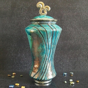 Raku &quot;Pagoda&quot; Cremation Urn – Elegant Ceramic Memorial for Human or Pet Ashes, Custom Colors & Engraving - 36 / 120 cu. inch.