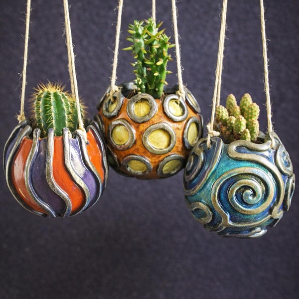 Raku Zee-egel Vaasjes Set – Handgemaakte Kustkeramiek Hangende of Tafeldecoratie voor Planten en Vetplanten