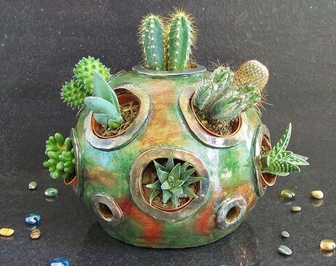 raku pottery succulents garden planter display, sculpture planter pot, spherical planter, multiple plants pot holder, coastal planter