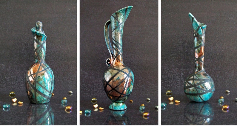 raku vase set of 3, set of vases, turquoise vase set, collectible vase centerpieces, tiny vases, crackle glaze vase, ampoule, bottle, jug image 4