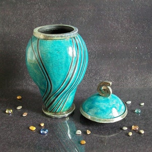 Raku elegant cremation urn for ashes turquoise crackle glaze with black stripes pattern, for human or pet, various colors and size available image 6