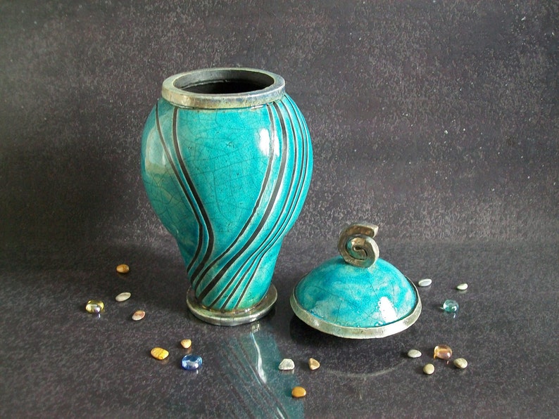 Raku elegant cremation urn for ashes turquoise crackle glaze with black stripes pattern, for human or pet, various colors and size available image 6