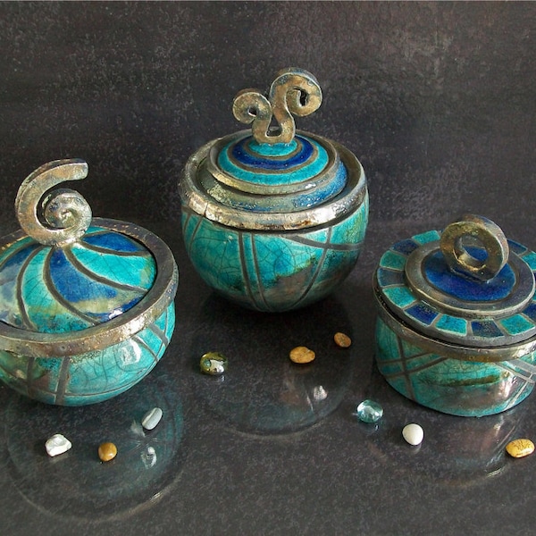 ensemble de pots en céramique raku, boîte à bijoux en céramique à décoration géométrique, pots glacés bleu turquoise, pots avec bouchon