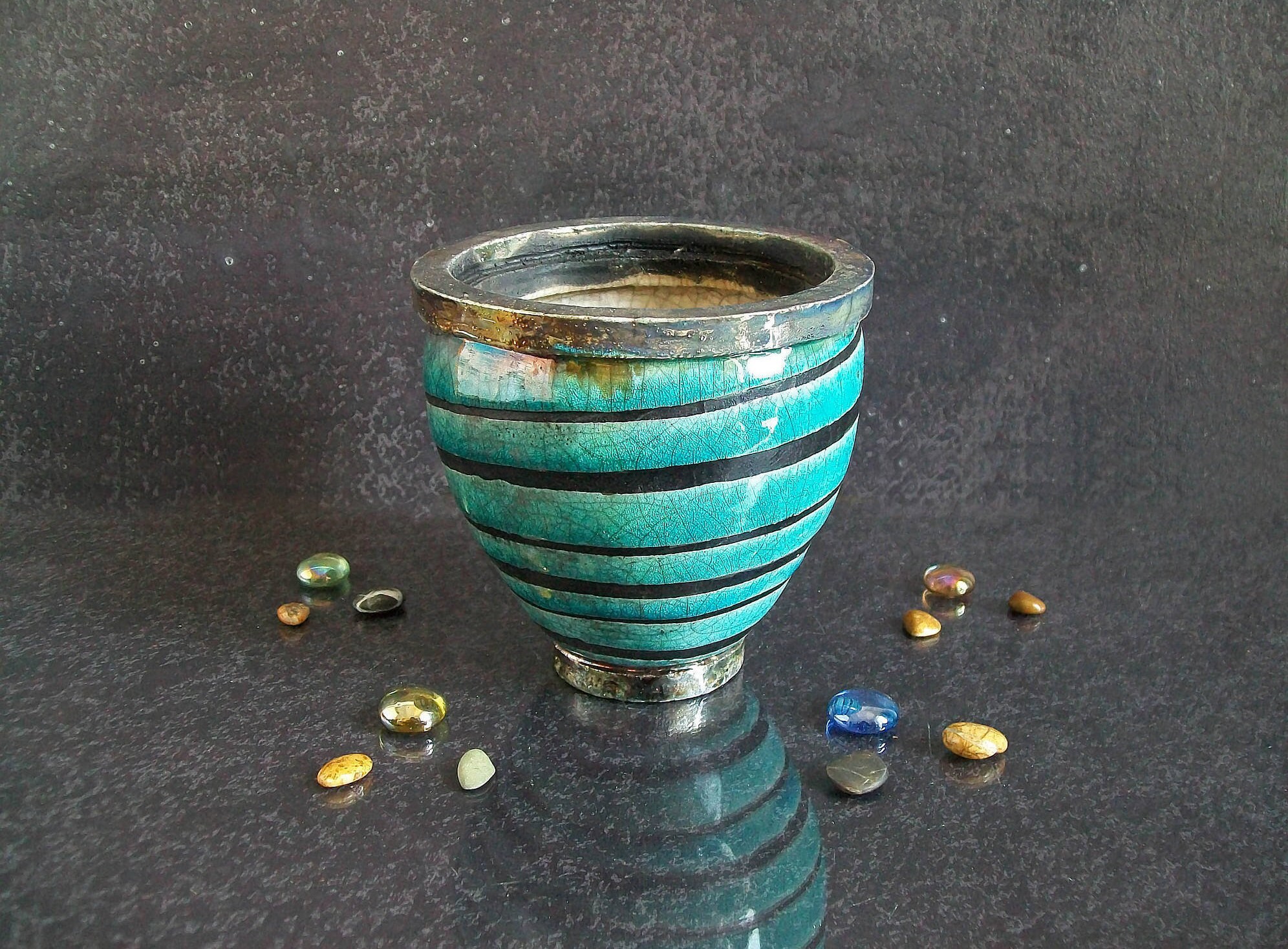 Raku Pottery Turquoise Planter Vase With Black Stripes | Etsy