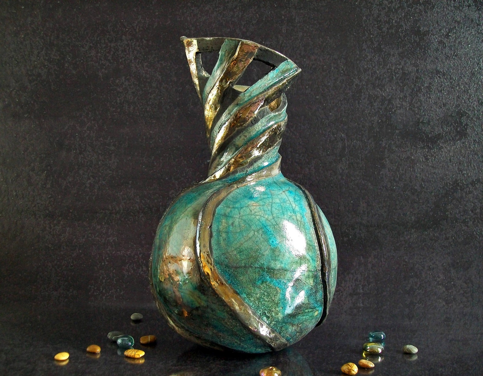 Raku ceramic seashell openwork teal vase with gold spiral rib Etsy