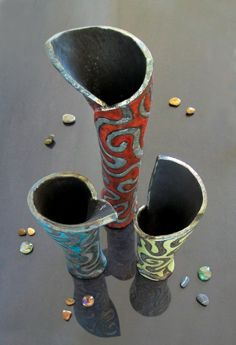 Raku Ceramic Set of Three Tall Cylinder Vases Pottery Etsy
