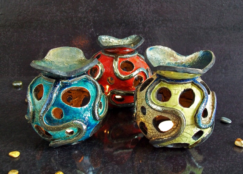 bruciatore oli essenziali in ceramica raku funzionante con candelina, lanterna decorativa diffusore di aromi, vari colori disponibili immagine 4