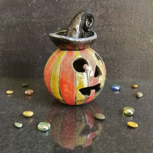 Halloween pumpkin candle holder, jack o lantern Essential Oil Diffuser, Raku pottery oil warmer, halloween decor, ceramic pumpkin lantern image 4