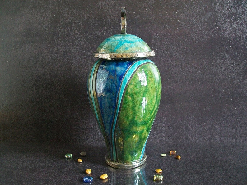 Raku colorful Urn, blue striped urn, cremation urn for ashes, keepsake urn, adult urn human, pet urn, personalized urn, cat urn, dog urn image 4