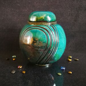 Raku ceramic spherical turquoise urn for human or pet ashes, various colors available, engravable, capacity 18 / 45 / 85 / 180 cubic inches image 2
