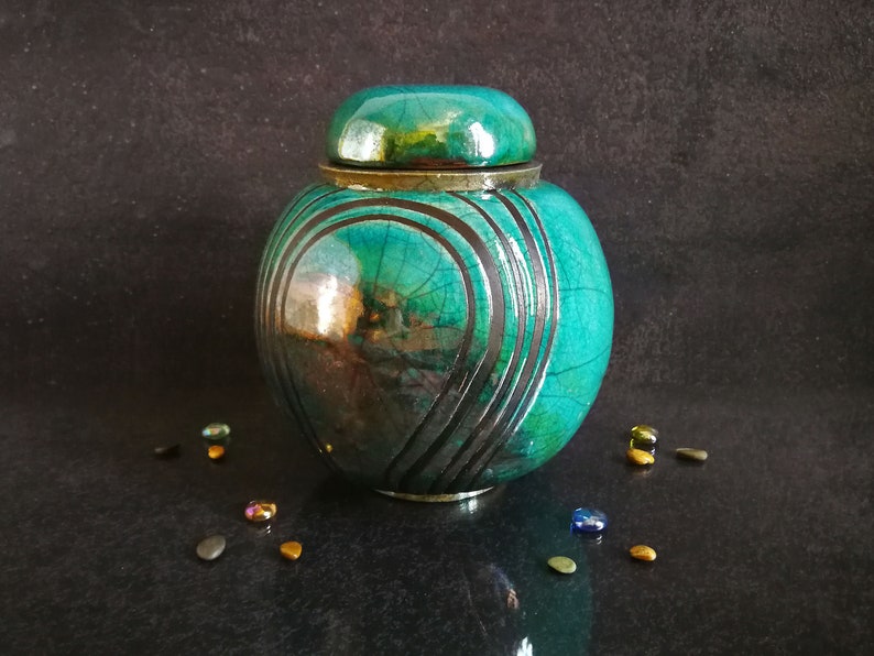 Raku ceramic spherical turquoise urn for human or pet ashes, various colors available, engravable, capacity 18 / 45 / 85 / 180 cubic inches image 2