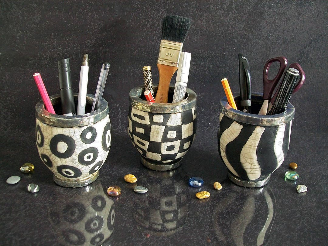 Raku Pottery Pencil Cup Holder, Ceramic Pen Holder for Desk Black and ...