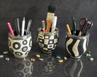 raku pottery pencil cup holder, ceramic pen holder for desk black and white, cute desk accessories, geometric pencil holder, pen organizer