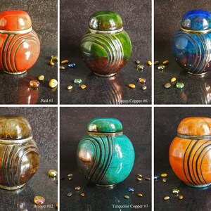 Raku ceramic spherical turquoise urn for human or pet ashes, various colors available, engravable, capacity 18 / 45 / 85 / 180 cubic inches image 9