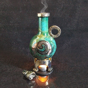 Raku Mystic Ampoule Oil Burner – Handmade Alchemy Potion Bottle Diffuser for Aromatherapy, Esoteric Ceramic Decor – Various Colors