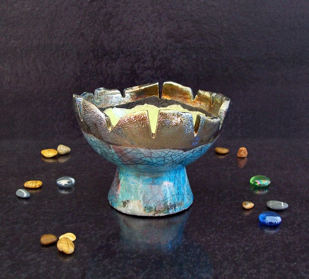 Antediluvian Raku Bowl – Ancient Pedestal Vessel With Toothed Golden ...