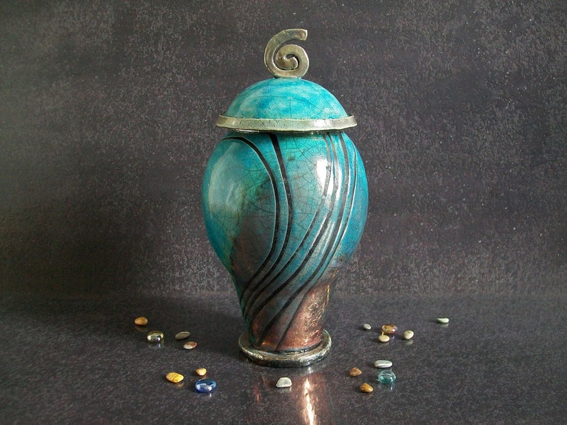 Raku elegant cremation urn for ashes turquoise crackle glaze with black stripes pattern, for human or pet, various colors and size available image 2