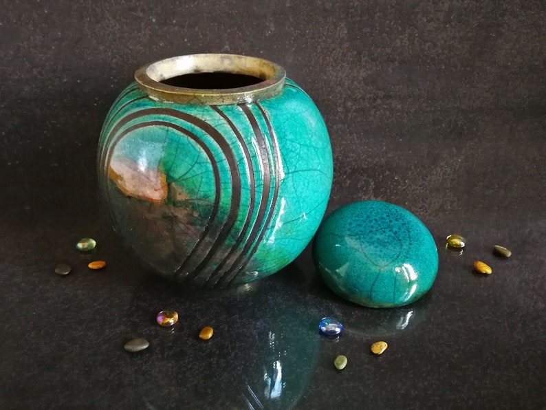 Raku ceramic spherical turquoise urn for human or pet ashes, various colors available, engravable, capacity 18 / 45 / 85 / 180 cubic inches image 6