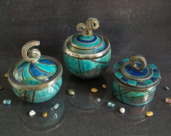 Raku Jars Trio &#39;Dancing Geometries&#39; - Unique Artisanal Ceramic Canisters or Jewelry Boxes, Custom Colors & Sizes, Set or Individually