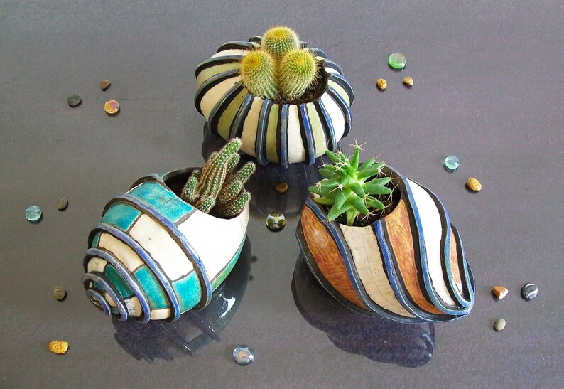 raku ceramic planter pot set hermit crab shell shell planter coastal decor succulent planter pot sea shell home decor beach house decor