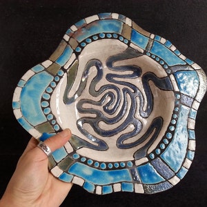 Raku ceramic painted plate with abstract decoration coastal style, large wall plate or centerpiece, turquoise and white dish image 8