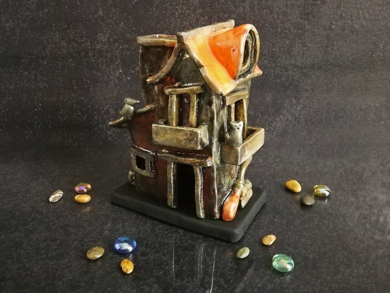 Spooky Haunted House Miniature, Raku Ceramic Candle Holder & Essential Oil Diffuser Customizable colors Halloween Decor image 6