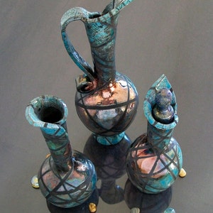 raku vase set of 3, set of vases, turquoise vase set, collectible vase centerpieces, tiny vases, crackle glaze vase, ampoule, bottle, jug image 2