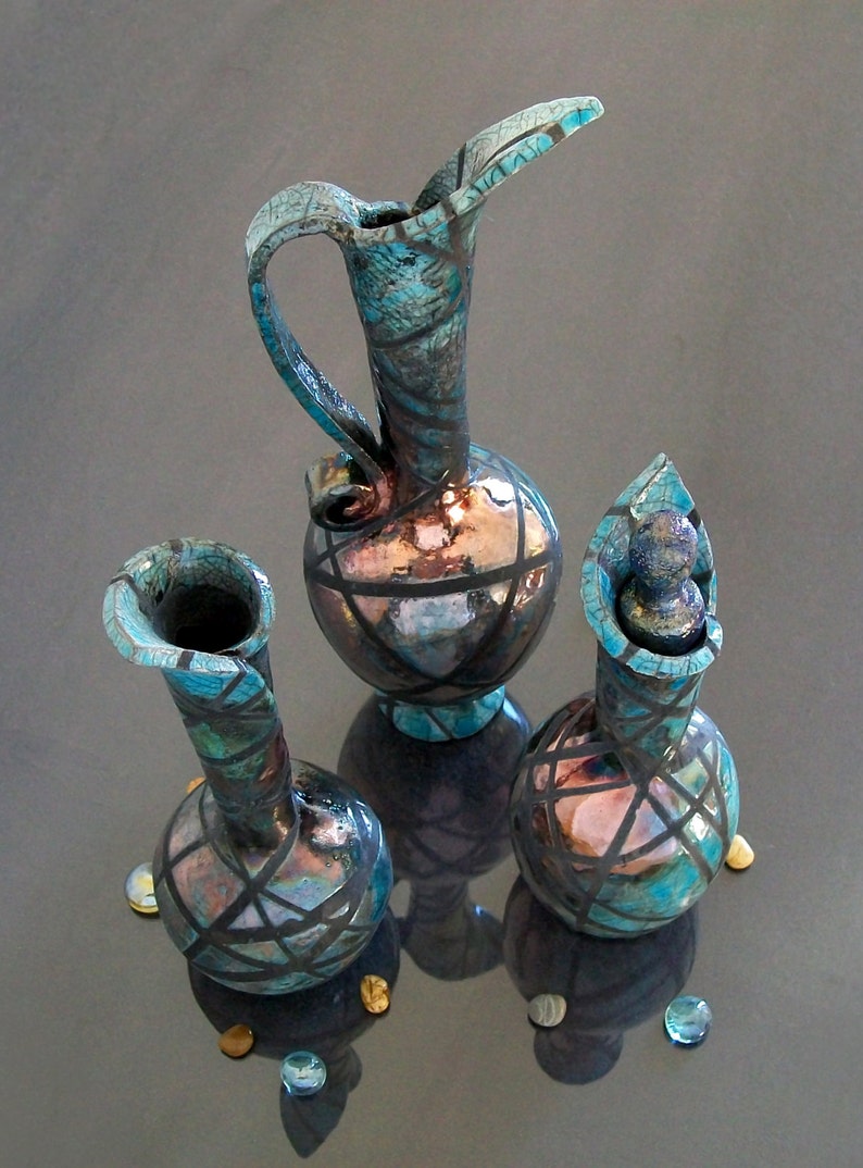raku vase set of 3, set of vases, turquoise vase set, collectible vase centerpieces, tiny vases, crackle glaze vase, ampoule, bottle, jug image 2