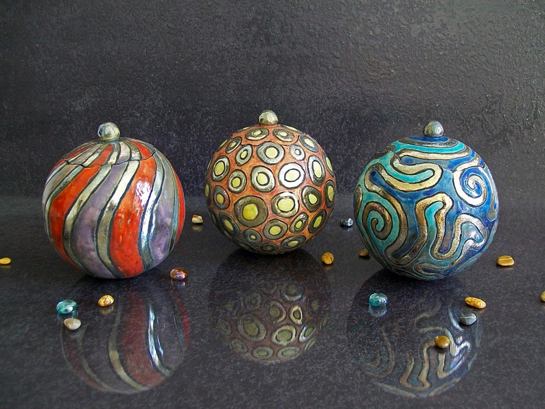 raku pottery colorful set of jars, ceramic jewelry box, tea coffe sugar jar with lid, modern kitchen canister for table, centerpiece idea image 2