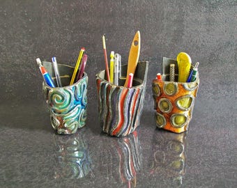 Raku ceramic pen holder tiny vases decorated in rainbow colors, desk organizers, single purchase or complete set