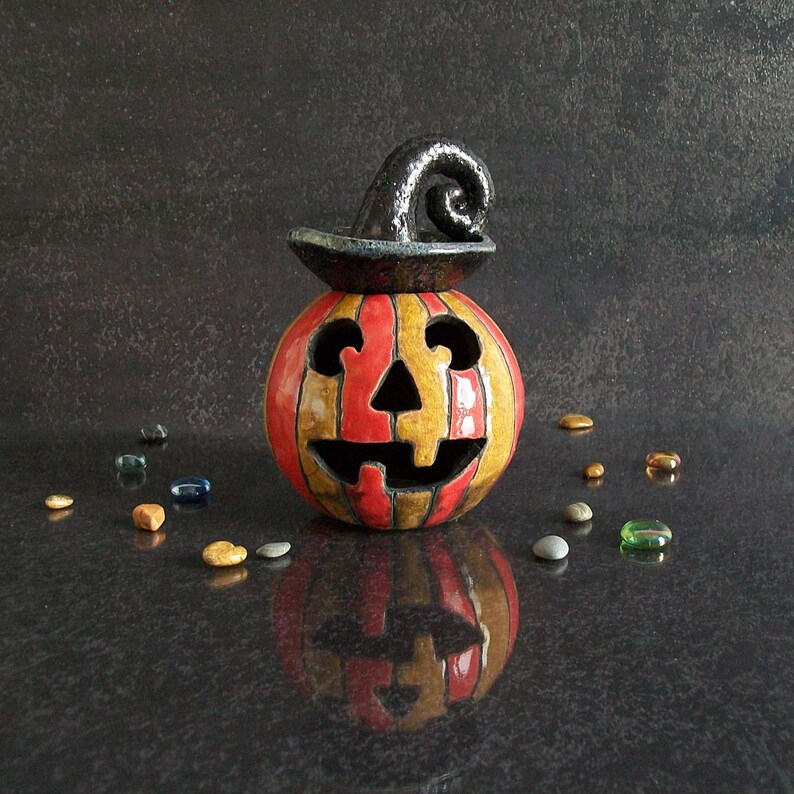 Halloween pumpkin candle holder, jack o lantern Essential Oil Diffuser, Raku pottery oil warmer, halloween decor, ceramic pumpkin lantern image 2