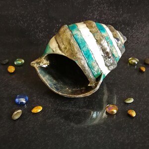 Puede incluir: Una concha decorativa con rayas alternas blancas, turquesas y grises oscuros. Peque&ntilde;os guijarros de vidrio de colores rodean la concha sobre una superficie oscura y reflectante. El interior de la concha es oscuro.