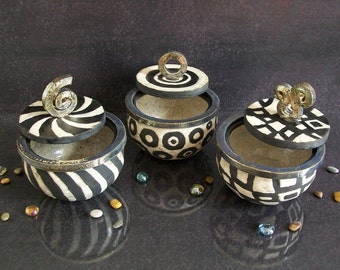 black and white canisters with lid personalized, raku pottery canisters set with geometric pattern, raku ceramic coffee tea sugar jars